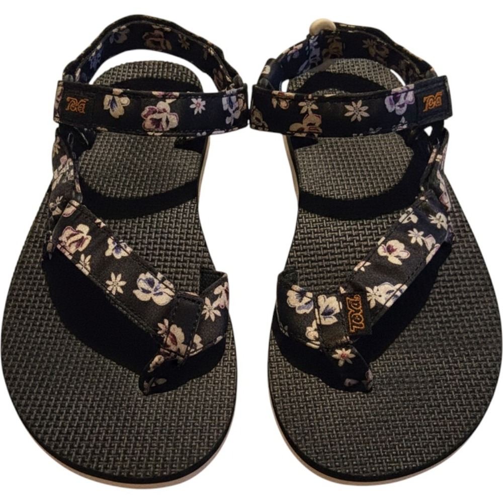 Teva Womens 6 Black Original Sandal Floral Satin Ankle Strap Flat Sport 1008650